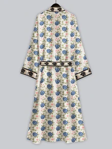 Irokai 復古藍色鬱金香仿刺繡蕾絲葉脈印花寬袖和服外套，前開襟繫腰浴袍，日式浴衣度假風乳白色 - 彩色 - 查看 2