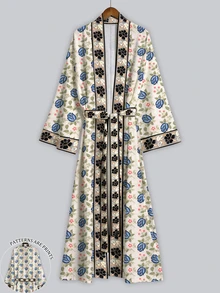 Irokai 復古藍色鬱金香仿刺繡蕾絲葉脈印花寬袖和服外套，前開襟繫腰浴袍，日式浴衣度假風乳白色 - 彩色 - 查看 1