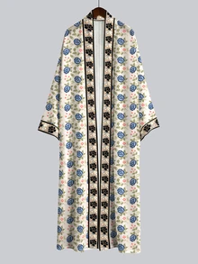 Irokai 復古藍色鬱金香仿刺繡蕾絲葉脈印花寬袖和服外套，前開襟繫腰浴袍，日式浴衣度假風乳白色 - 彩色 - 查看 3