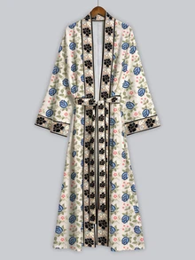 Irokai 復古藍色鬱金香仿刺繡蕾絲葉脈印花寬袖和服外套，前開襟繫腰浴袍，日式浴衣度假風乳白色 - 彩色 - 查看 4