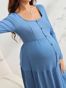 SHEIN Đầm bầu tay dài dáng thường ngày màu trơn thiết kế cúc cài - Màu xanh lam - Xem 5