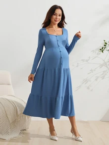 SHEIN Đầm bầu tay dài dáng thường ngày màu trơn thiết kế cúc cài - Màu xanh lam - Xem 4