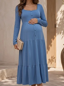 SHEIN Đầm bầu tay dài dáng thường ngày màu trơn thiết kế cúc cài - Màu xanh lam - Xem 8