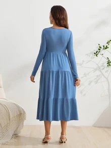 SHEIN Đầm bầu tay dài dáng thường ngày màu trơn thiết kế cúc cài - Màu xanh lam - Xem 2