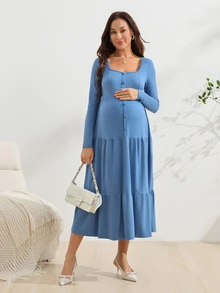 SHEIN Đầm bầu tay dài dáng thường ngày màu trơn thiết kế cúc cài - Màu xanh lam - Xem 6