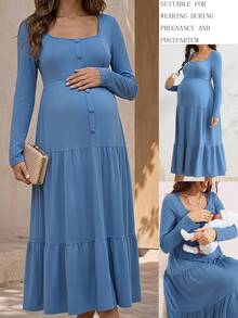 SHEIN Đầm bầu tay dài dáng thường ngày màu trơn thiết kế cúc cài - Màu xanh lam - Xem 1