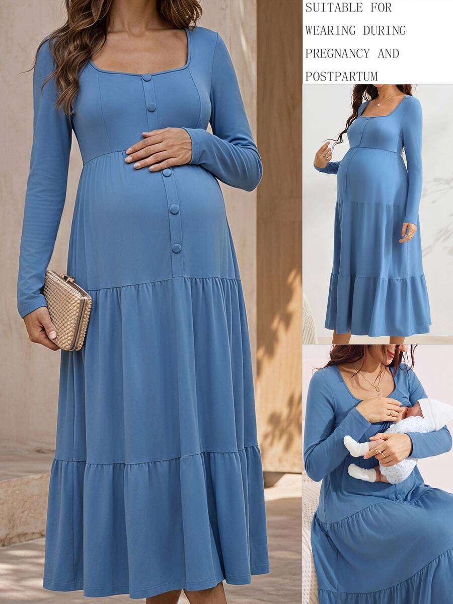 SHEIN Đầm bầu tay dài dáng thường ngày màu trơn thiết kế cúc cài - Màu xanh lam - Xem 1