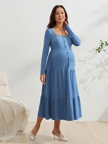 SHEIN Đầm bầu tay dài dáng thường ngày màu trơn thiết kế cúc cài - Màu xanh lam - Xem 11