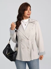 EMERY ROSE Women's Plus Size Long Sleeve Trench Coat 2026 New Style Patchwork Striped Shirt Collar Faux Pockets Button Casual Vacation Business Daily Wear - Multicolor - View 5