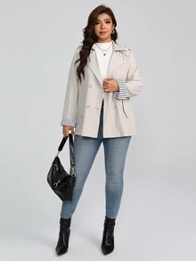 EMERY ROSE Women's Plus Size Long Sleeve Trench Coat 2026 New Style Patchwork Striped Shirt Collar Faux Pockets Button Casual Vacation Business Daily Wear - Multicolor - View 4