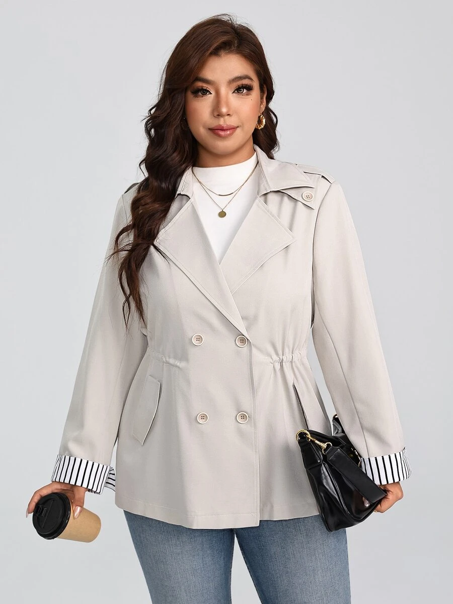 EMERY ROSE Women's Plus Size Long Sleeve Trench Coat 2026 New Style Patchwork Striped Shirt Collar Faux Pockets Button Casual Vacation Business Daily Wear - Multicolor - View 1