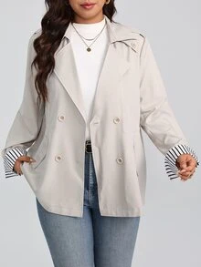 EMERY ROSE Women's Plus Size Long Sleeve Trench Coat 2026 New Style Patchwork Striped Shirt Collar Faux Pockets Button Casual Vacation Business Daily Wear - Multicolor - View 3