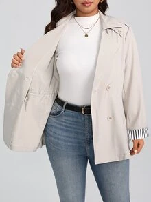 EMERY ROSE Women's Plus Size Long Sleeve Trench Coat 2026 New Style Patchwork Striped Shirt Collar Faux Pockets Button Casual Vacation Business Daily Wear - Multicolor - View 6