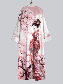 Irokai 粉白對比浮世繪櫻花藝伎印花寬袖和服罩衫，前開襟繫腰浴袍，日式浴衣度假風 - 彩色 - 查看 3