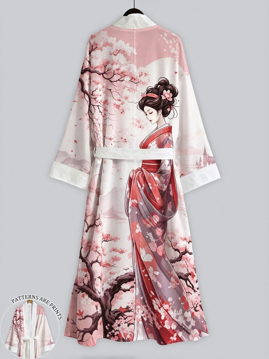 Irokai 粉白對比浮世繪櫻花藝伎印花寬袖和服罩衫,前開襟繫腰浴袍,日式浴衣度假風 - 彩色 - 查看 1