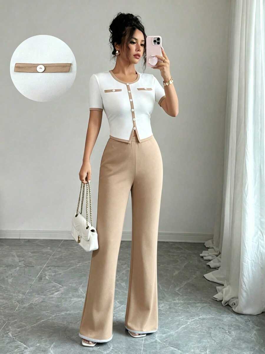 Elenzga Women's Fashion Casual Minimalist Contrast Color Square Neck Short Sleeve Top And Flared Leg Pants 2 Pieces Set - Multicolor - View 1