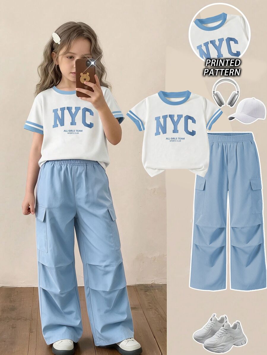SHEIN 2件組青少年女孩休閒時尚創意紐約圖案短袖T恤與藍色工裝褲套裝,適合四季穿著,百搭,圓領T恤 - 彩色 - 查看 1