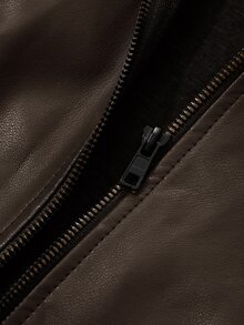 DAZY Zip Up Drop Shoulder PU Coat Y2k - Brown - View 4