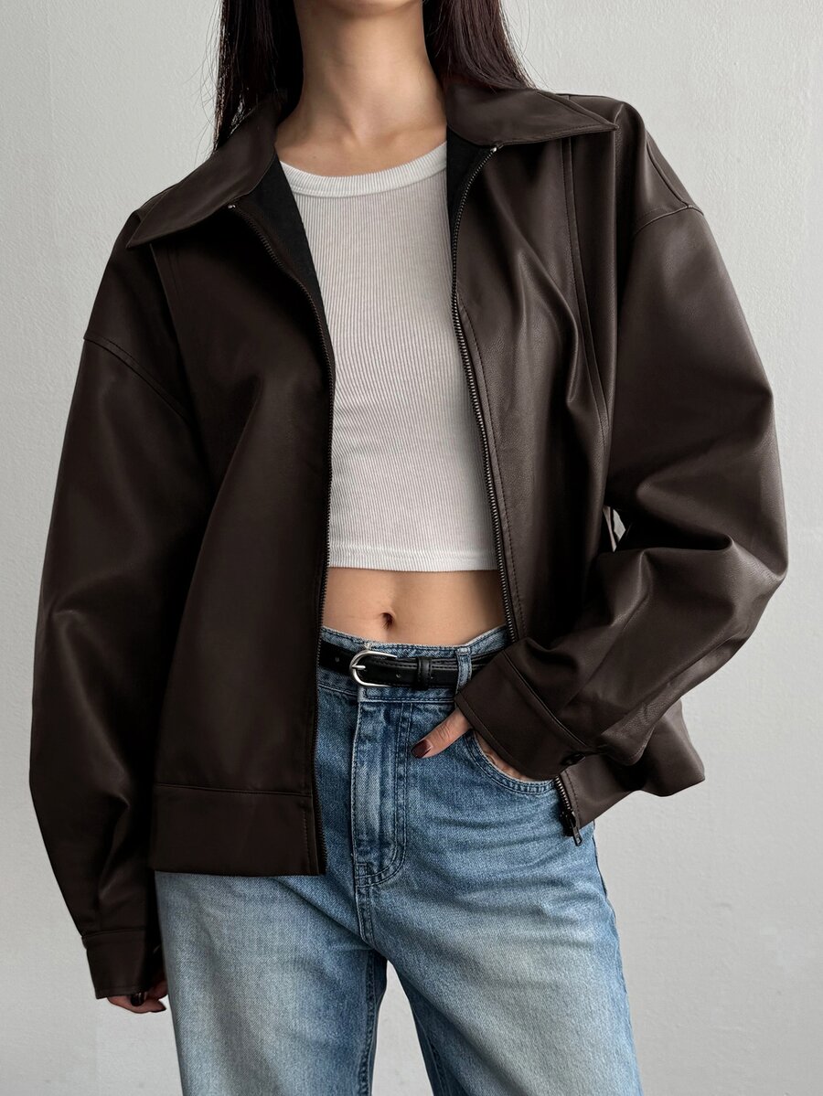 DAZY Zip Up Drop Shoulder PU Coat Y2k - Brown - View 1