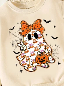 萬聖節女童創意時尚幽靈南瓜怪獸圖案印花圓領運動衫與內搭褲兩件套 - 彩色 - 查看 5