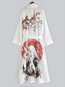 Irokai 紅月狐狸面具女孩櫻花印花寬袖和服罩衫，前開襟綁腰浴袍，日式浴衣度假旅行白色 - 彩色 - 查看 5