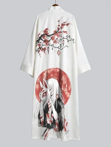 Irokai 紅月狐狸面具女孩櫻花印花寬袖和服罩衫，前開襟綁腰浴袍，日式浴衣度假旅行白色 - 彩色 - 查看 3