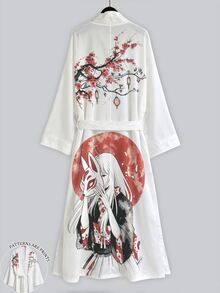 Irokai 紅月狐狸面具女孩櫻花印花寬袖和服罩衫，前開襟綁腰浴袍，日式浴衣度假旅行白色 - 彩色 - 查看 1