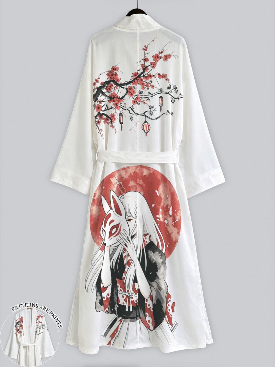 Irokai 紅月狐狸面具女孩櫻花印花寬袖和服罩衫,前開襟綁腰浴袍,日式浴衣度假旅行白色 - 彩色 - 查看 1