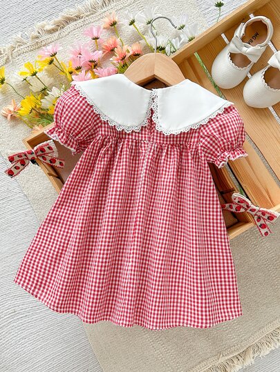Emery Rose Kids Emery Rose Kids Young Girl Woven Solid Color Cartoon Floral Embroidery Peter Pan Collar Bow Puff Sleeve Casual Fairy Dress Summer, Autumn, Vacation, Back To School.