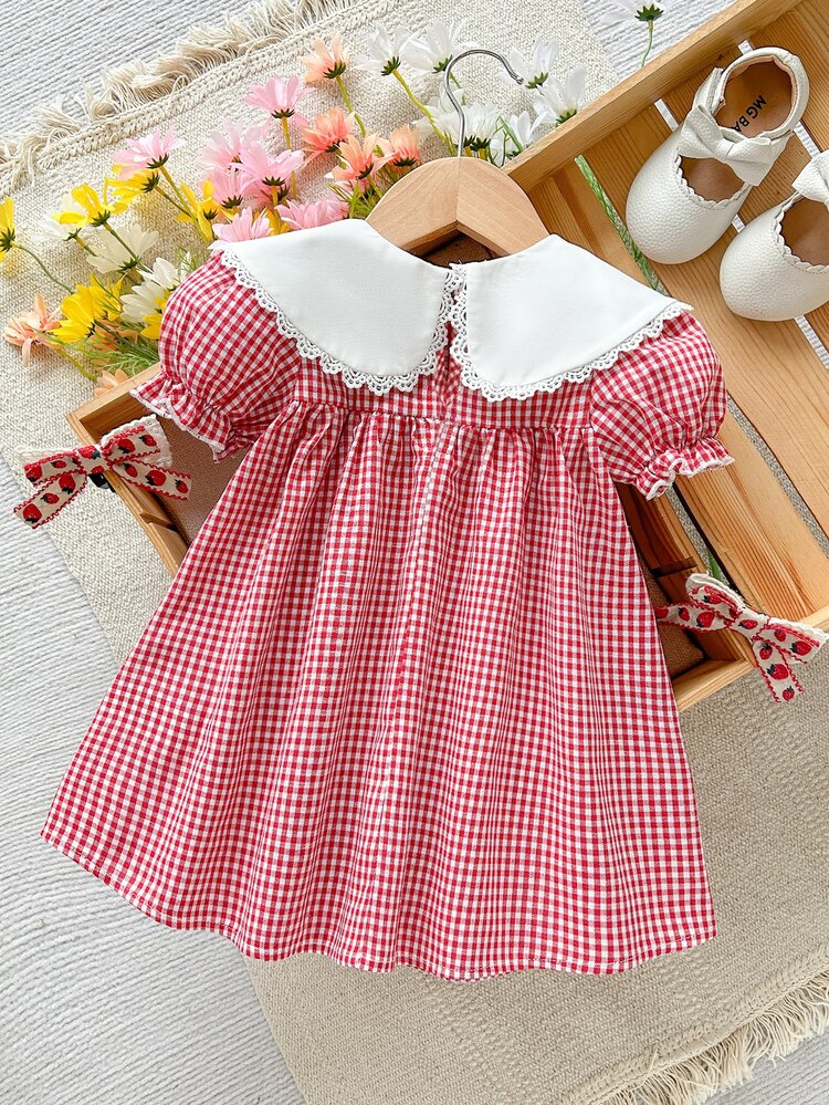 Emery Rose Kids Emery Rose Kids Young Girl Woven Solid Color Cartoon Floral Embroidery Peter Pan Collar Bow Puff Sleeve Casual Fairy Dress Summer, Autumn, Vacation, Back To School. - Red - View 4