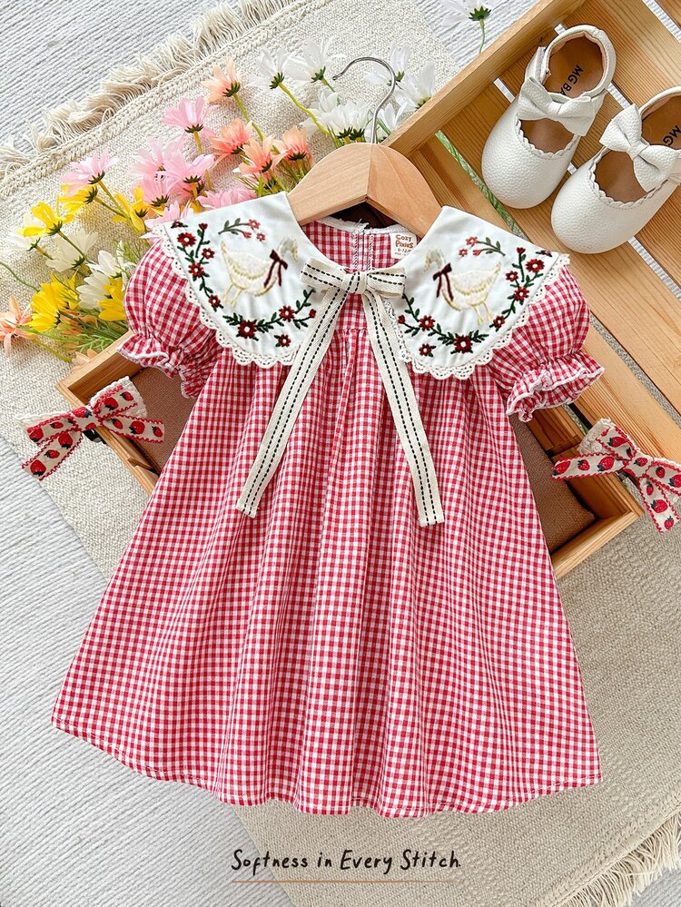 Emery Rose Kids Emery Rose Kids Young Girl Woven Solid Color Cartoon Floral Embroidery Peter Pan Collar Bow Puff Sleeve Casual Fairy Dress Summer, Autumn, Vacation, Back To School. - Red - View 3