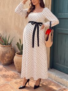 SHEIN فستان حمل بنقاط بولكا مع ربطة خصر، فضفاض ومريح - بيج - مشاهدة 13