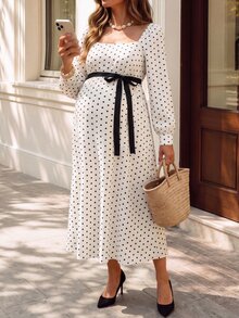 SHEIN فستان حمل بنقاط بولكا مع ربطة خصر، فضفاض ومريح - بيج - مشاهدة 11