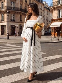 SHEIN فستان حمل بنقاط بولكا مع ربطة خصر، فضفاض ومريح - بيج - مشاهدة 12