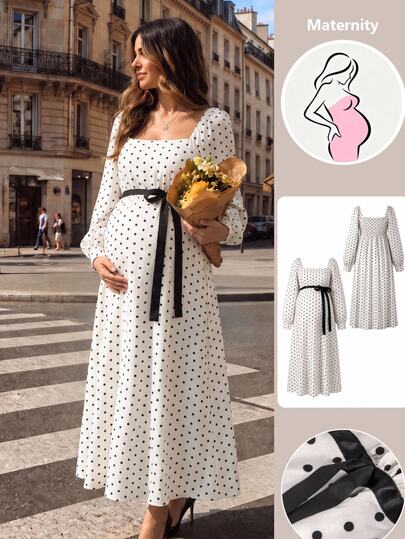 SHEIN Maternity Polka Dot Waist Tie Dress, Loose And Comfortable Fall