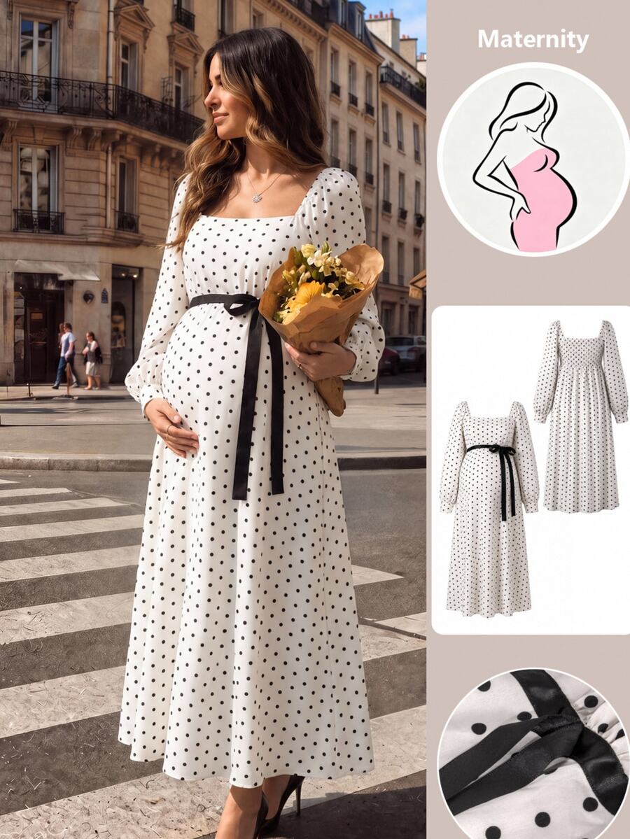 SHEIN فستان حمل بنقاط بولكا مع ربطة خصر، فضفاض ومريح - بيج - مشاهدة 1