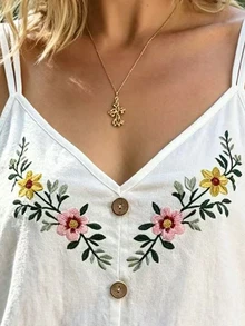 Holdful Holdful 女款棉質刺繡V領鈕扣裝飾細肩帶背心，白色夏季飄逸波希米亞度假風 - 白色 - 查看 3