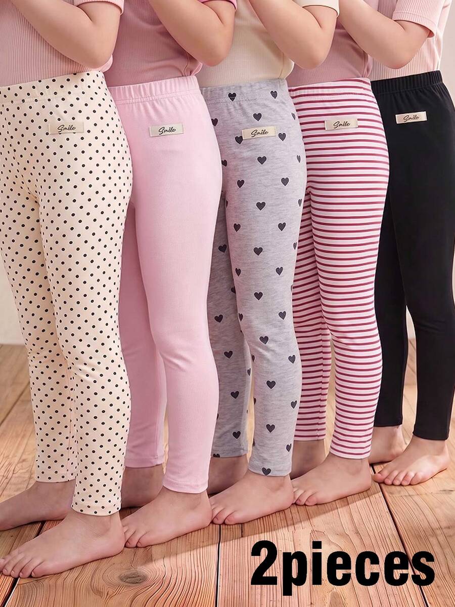 SHEIN [隨機發貨2款/共5款]女童幼兒內搭褲，新款四季款愛心、波點、條紋拼接組合針織高彈力簡約時尚舒適休閒內搭褲，2件組 - 彩色 - 查看 1