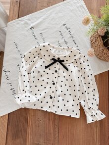 SHEIN LMoss Kids 女嬰編織波點彼得潘領花瓣袖休閒襯衫 - 黑與白 - 查看 4