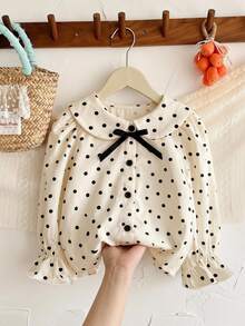 SHEIN LMoss Kids 女嬰編織波點彼得潘領花瓣袖休閒襯衫 - 黑與白 - 查看 1