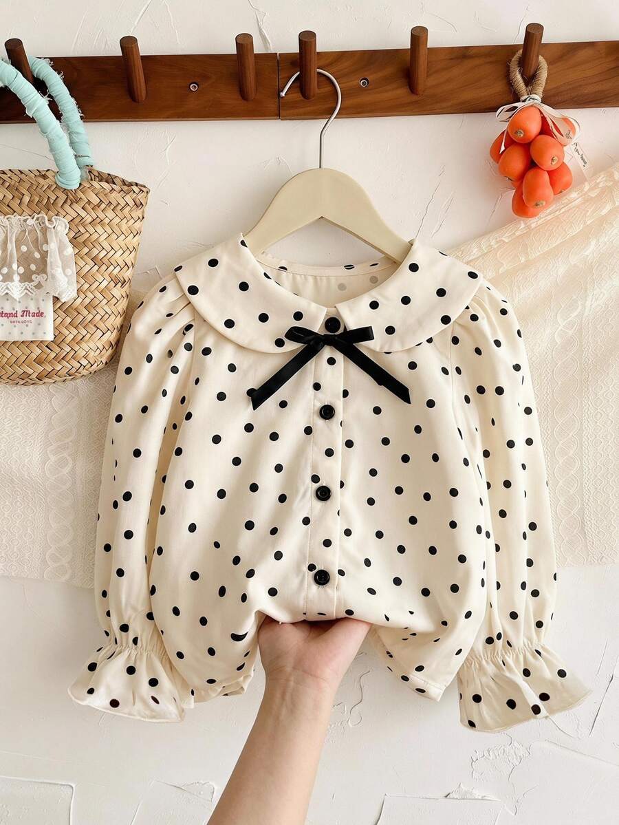 SHEIN LMoss Kids 女嬰編織波點彼得潘領花瓣袖休閒襯衫 - 黑與白 - 查看 1