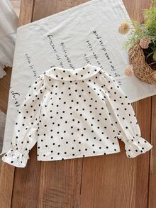 SHEIN LMoss Kids 女嬰編織波點彼得潘領花瓣袖休閒襯衫 - 黑與白 - 查看 2