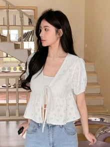 Dazy Designer Women's Short Design Sense Belted Cardigan T-Shirt Summer,Ruffle - White - View 6