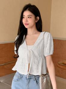 Dazy Designer Women's Short Design Sense Belted Cardigan T-Shirt Summer,Ruffle - White - View 3