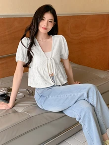 Dazy Designer Women's Short Design Sense Belted Cardigan T-Shirt Summer,Ruffle - White - View 2