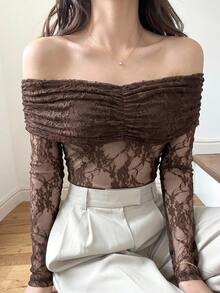 DAZY Women's Brown Floral Mesh Patchwork Off-Shoulder Camisole Top,Elegant Summer Party Night Tie Drawstring Design,Suitable For Wedding Tops Long Sleeve - Brown - View 10
