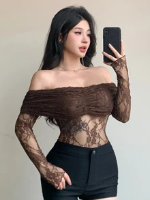 DAZY Women's Brown Floral Mesh Patchwork Off-Shoulder Camisole Top,Elegant Summer Party Night Tie Drawstring Design,Suitable For Wedding Tops Long Sleeve - Brown - View 2