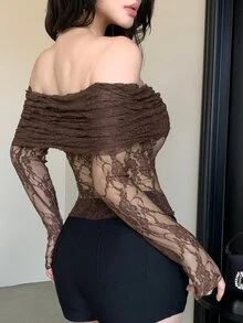 DAZY Women's Brown Floral Mesh Patchwork Off-Shoulder Camisole Top,Elegant Summer Party Night Tie Drawstring Design,Suitable For Wedding Tops Long Sleeve - Brown - View 5