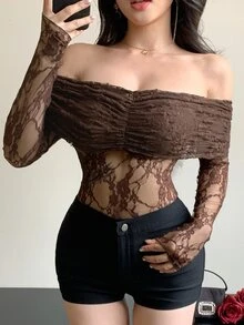 DAZY Women's Brown Floral Mesh Patchwork Off-Shoulder Camisole Top,Elegant Summer Party Night Tie Drawstring Design,Suitable For Wedding Tops Long Sleeve - Brown - View 9