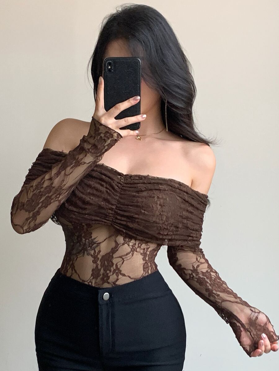 DAZY Women's Brown Floral Mesh Patchwork Off-Shoulder Camisole Top,Elegant Summer Party Night Tie Drawstring Design,Suitable For Wedding Tops Long Sleeve - Brown - View 1